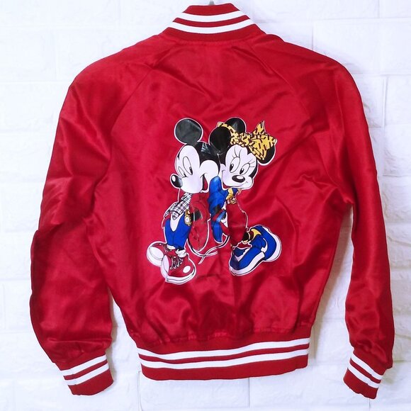Vintage 80s Nasco Bomber Jacket Youth(10/12) Walt Disney Mickey Minnie Red Satin - Picture 3 of 16